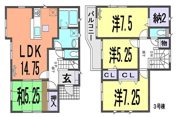 Floor plan. (3 Building), Price 28.8 million yen, 4LDK, Land area 118.1 sq m , Building area 96.38 sq m