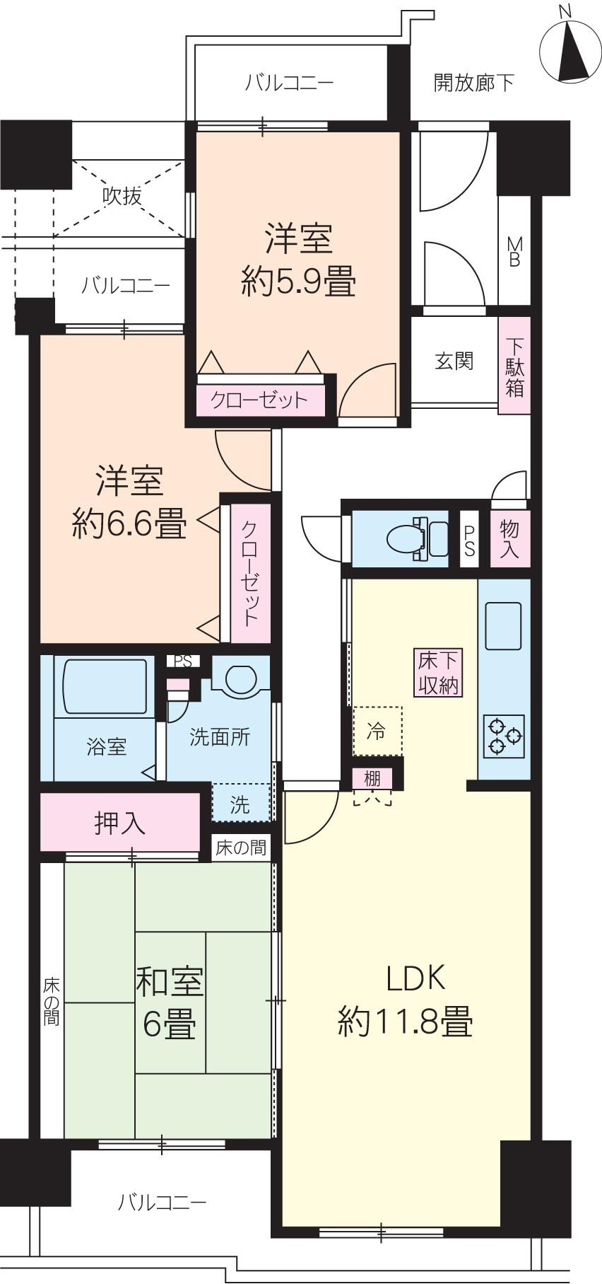 Floor plan. 3LDK, Price 11.3 million yen, Occupied area 79.29 sq m , Balcony area 11.86 sq m