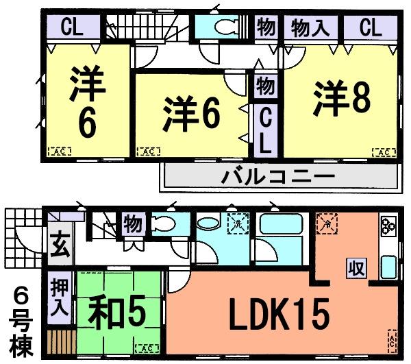 Floor plan. (6 Building (phase I)), Price 22,800,000 yen, 4LDK, Land area 128.06 sq m , Building area 108.59 sq m