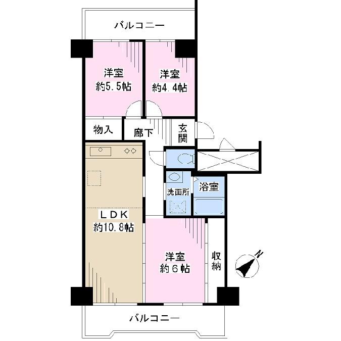 Floor plan. 3LDK, Price 12.8 million yen, Occupied area 65.45 sq m , Balcony area 14.73 sq m