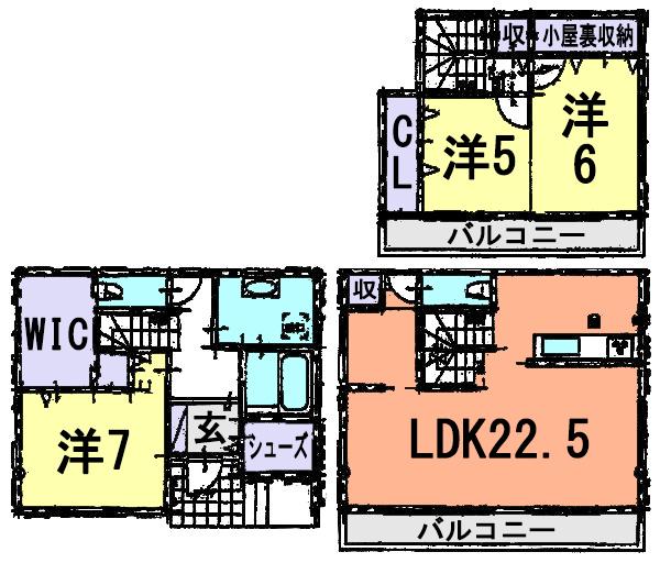 Floor plan. 31,800,000 yen, 3LDK, Land area 82 sq m , 22.5 tatami LDK stuck to the building area 108.4 sq m open feeling and daylighting! Shoes cloak ・ Storage capacity of satisfaction in the walk-in closet
