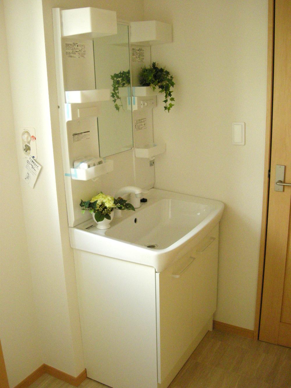Wash basin, toilet. It is a wash basin with large mirror