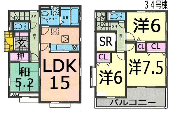 Floor plan. (34 Building), Price 25,800,000 yen, 4LDK, Land area 133.01 sq m , Building area 97.7 sq m