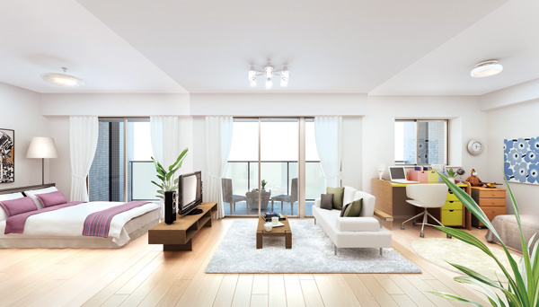 Living.  [Wide span CG] Light and wind were aimed at housing that capture plenty. Dwelling unit in the <Raifupia Kashiwa Fiore> is, Between spacious population of about 8.7m. The layout of the living room and the two Western-style on the balcony surface. You can enjoy a bright and airy living in a synergistic effect of a light coat that was placed in the shared hallway side. (Model Room B type)