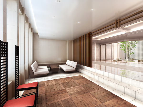 Shared facilities.  [Entrance Hall Rendering CG] It was provided with a lounge on the corner of the entrance hall. Ya stone with a chic Sulfur butterfly louver and warmth to concert with the outside structure, Adopt a tile. It begins to brew a calm atmosphere, It is a high-quality public space.