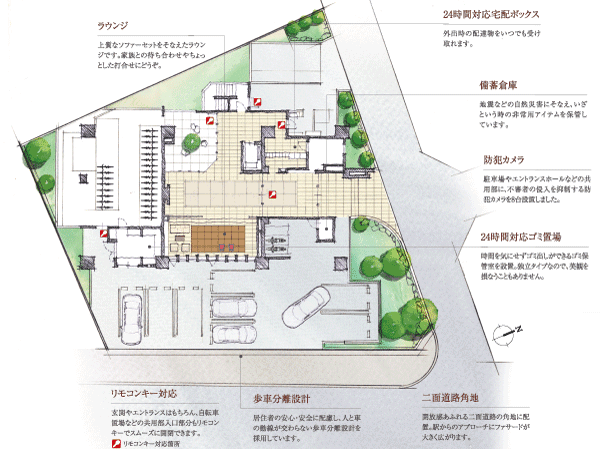 Shared facilities.  [Site layout] Land plan to invite to a comfortable life scene. The site, Trees and flowers feel the transitory of four seasons was placed in a well-balanced. It gives moisture to the everyday.