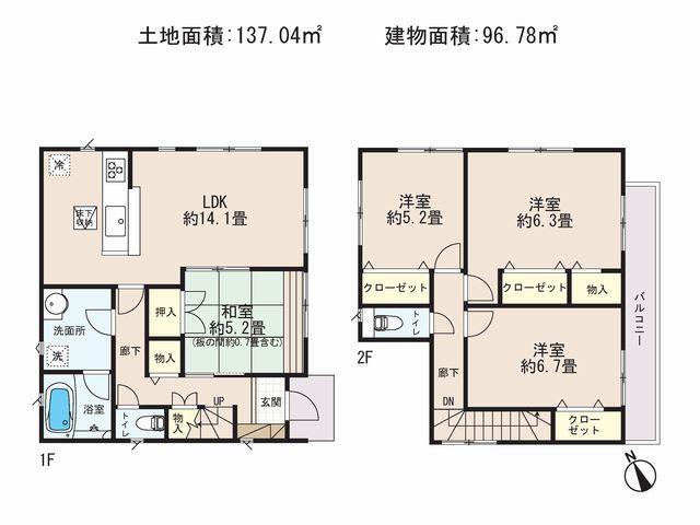 Floor plan. 28.8 million yen, 4LDK, Land area 137.04 sq m , Building area 93.38 sq m popular counter kitchen. 2WEY balcony