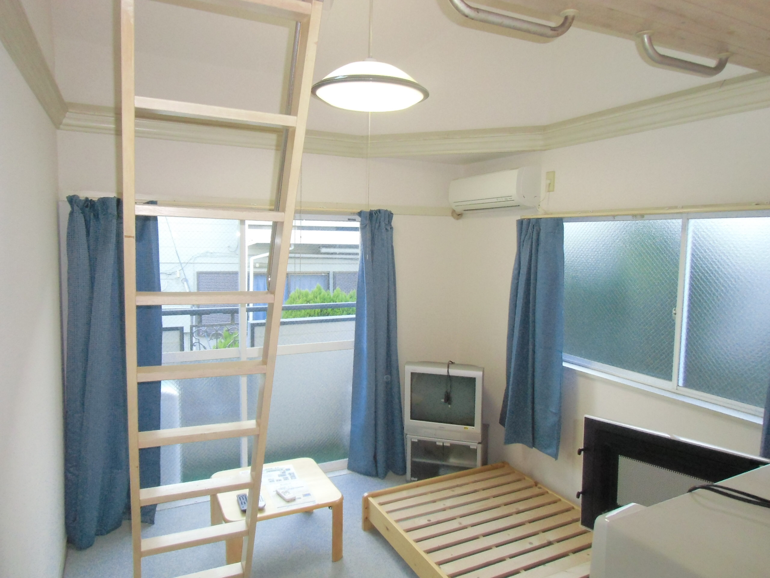 Living and room. bed, table, tv set, With curtain