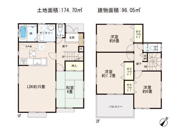 Floor plan. (Building 2), Price 22,800,000 yen, 4LDK, Land area 174.7 sq m , Building area 96.05 sq m