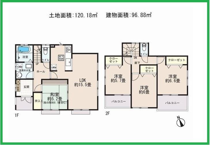 Floor plan. (1 Building), Price 22,800,000 yen, 4LDK, Land area 120.18 sq m , Building area 96.88 sq m