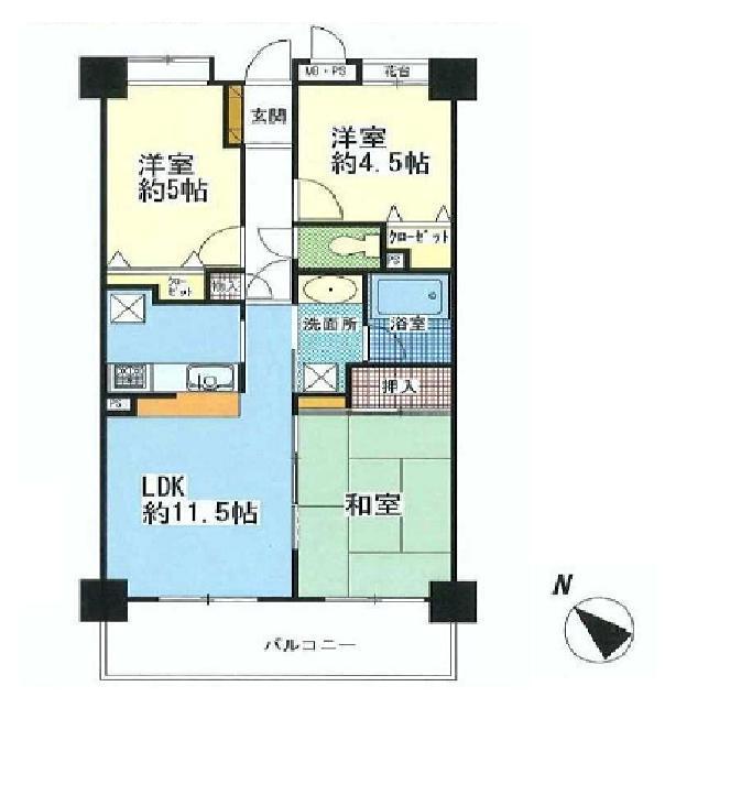 Floor plan. 3LDK, Price 12.5 million yen, Occupied area 56.58 sq m , Balcony area 9 sq m