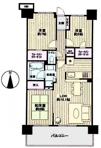 Floor plan. 3LDK, Price 18.5 million yen, Occupied area 75.11 sq m , Balcony area 13.4 sq m walk-in closet is not reckoned with two storage capacity.