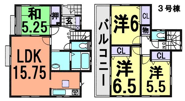 Floor plan. (3 Building), Price 20.8 million yen, 4LDK, Land area 119.51 sq m , Building area 94.81 sq m