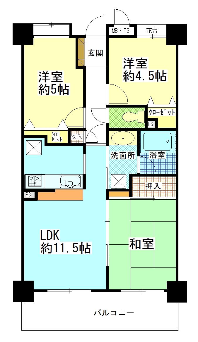 Floor plan. 3LDK, Price 12.5 million yen, Occupied area 56.58 sq m , Balcony area 9 sq m spacious 3LDK! !