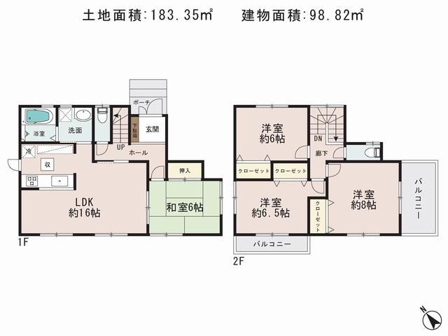 Floor plan. 34,800,000 yen, 4LDK, Land area 183.35 sq m , Building area 98.82 sq m facing south on whether there was a good 16 pledge per yang LDK