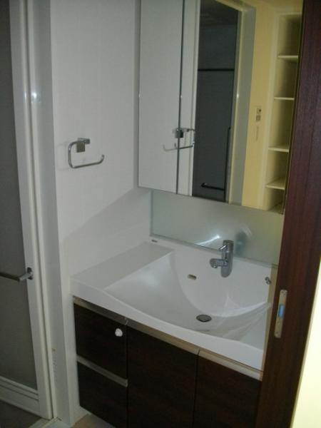 Wash basin, toilet. Wash basin vanity with shower