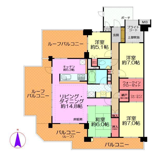 Floor plan. 4LDK + S (storeroom), Price 42,800,000 yen, Footprint 105.99 sq m , Balcony area 61.88 sq m