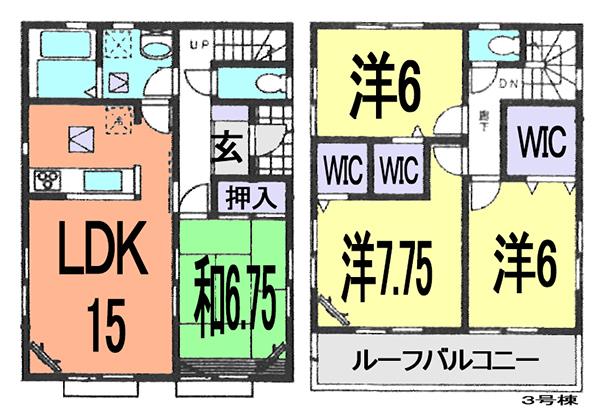 Floor plan. (3 Building), Price 19,800,000 yen, 4LDK, Land area 124.1 sq m , Building area 99.78 sq m