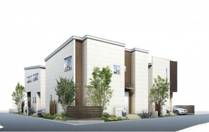 Local appearance photo. Stylish beautiful appearance style that the outer wall of the shade of bitter that sense of white tones and the outer wall and the tree of the material is transmitted is a pair. (1 ~ Building 2 Rendering)