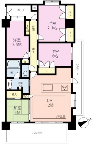 Floor plan. 4LDK, Price 18,800,000 yen, Occupied area 86.39 sq m , Balcony area 23.22 sq m   ◆ LD part with underfloor heating!