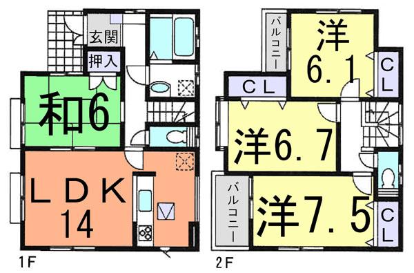 Floor plan. (Building 2), Price 21,800,000 yen, 4LDK, Land area 129.91 sq m , Building area 96.05 sq m