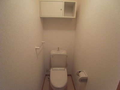 Toilet. Toilet with a shelf.