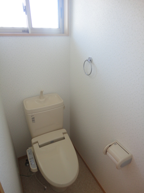 Toilet. Bright sunlight and into the restroom because it is with window