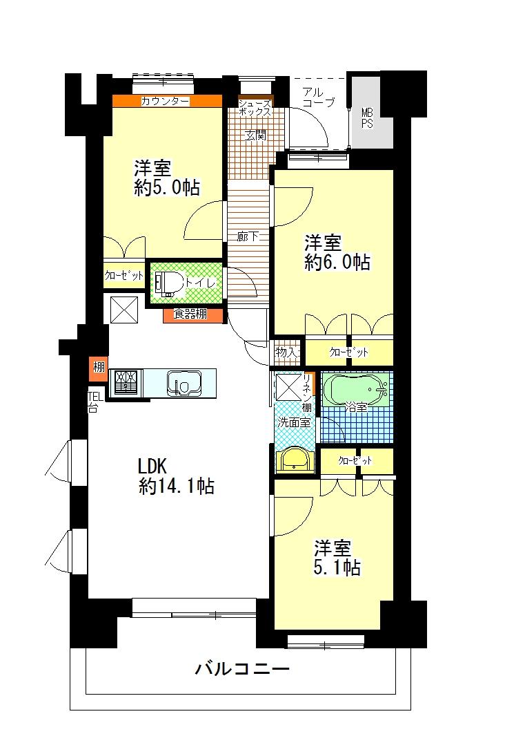 Floor plan. 3LDK, Price 18.9 million yen, Occupied area 65.08 sq m , Balcony area 9.24 sq m