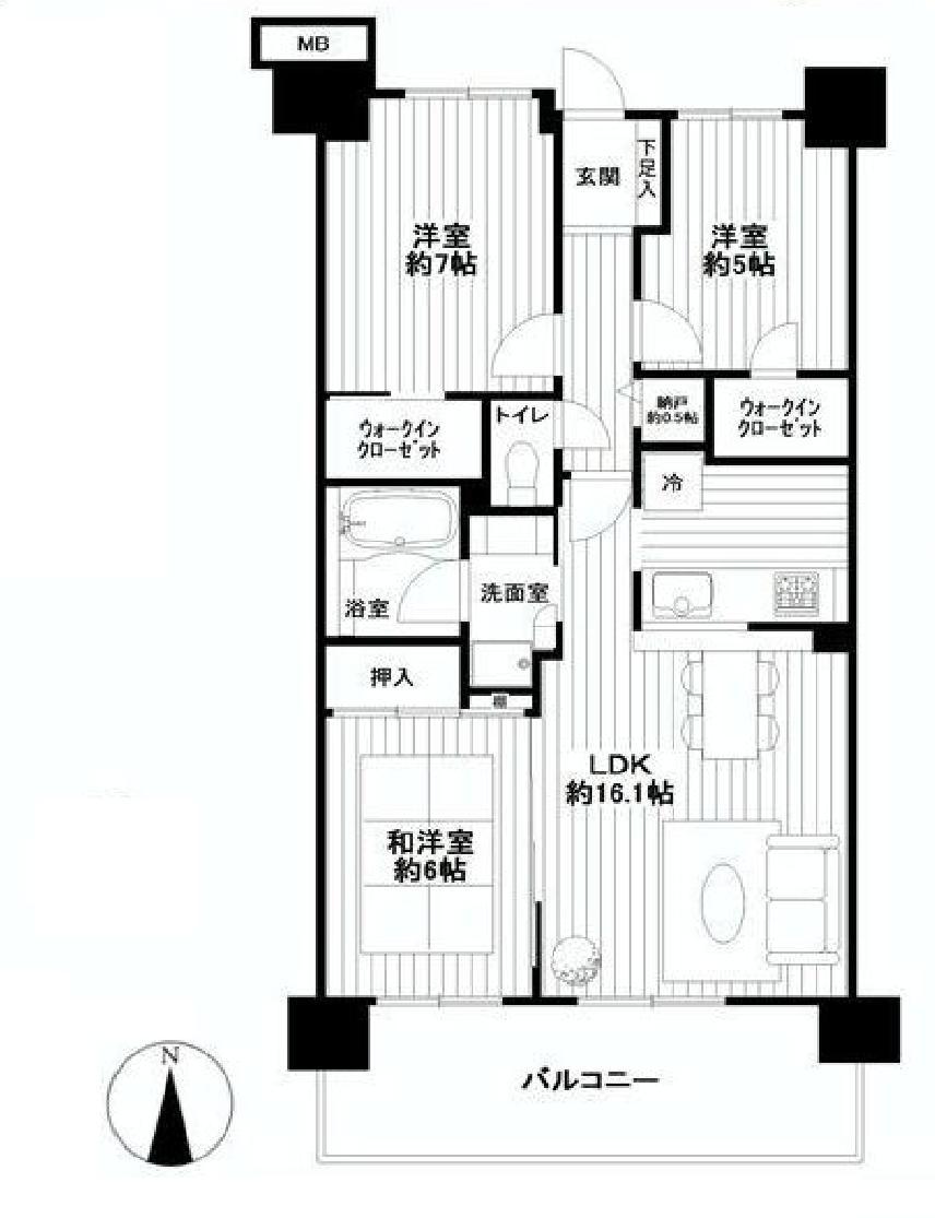Floor plan. 3LDK, Price 18.5 million yen, Occupied area 75.11 sq m , Balcony area 13.4 sq m