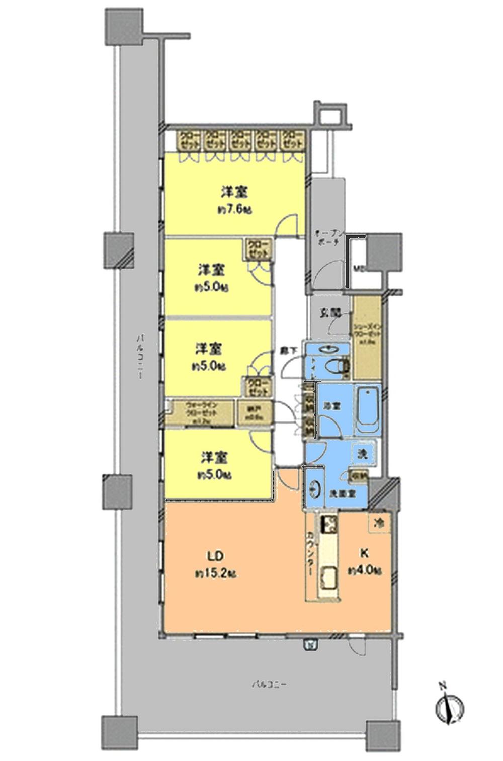 Floor plan. 4LDK, Price 52,800,000 yen, Footprint 101.76 sq m , Bright floor plan of the balcony area 50.47 sq m 2 sided balcony