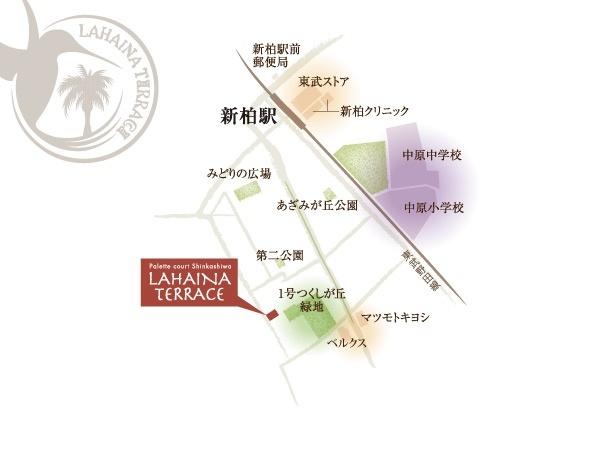 Local guide map. "Palette Court Shinkashiwa Lahaina Terrace "is to birth, On top of the hill to stack a gentle time. In the first kind low-rise exclusive residential area to protect the good environment of low-rise housing, Is the environment that has been filled in and the open feeling of sunlight.