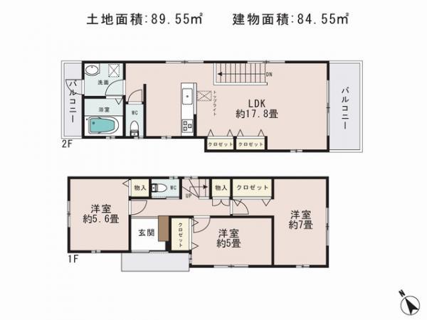Floor plan. 18,800,000 yen, 3LDK, Land area 89.55 sq m , Building area 84.55 sq m