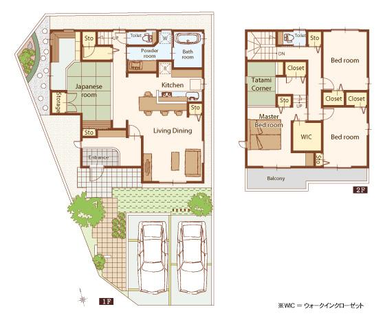 Floor plan.  [-] So we have drawn on the basis of the Plan view] drawings, Plan and the outer structure ・ Planting, such as might actually differ slightly from.  Also, Although 1F furniture is included in the price, 2F furniture ・ Car, etc. are not included in the price