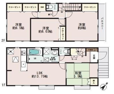 Floor plan. 23.8 million yen, 4LDK, Land area 104.67 sq m , Type of Tsuzukiai of building area 95.22 sq m living room and Japanese-style room, Square of Western-style 8 Pledge furniture is easily installed, There is a sense of openness