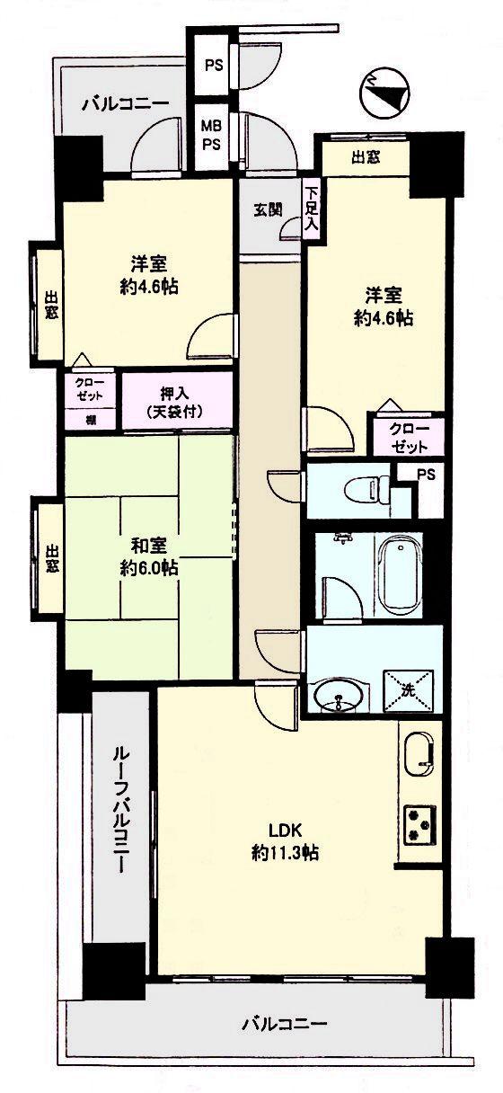 Floor plan. 3LDK, Price 17.8 million yen, Occupied area 61.67 sq m , Open feeling of the balcony area 9.99 sq m 3 direction balcony.