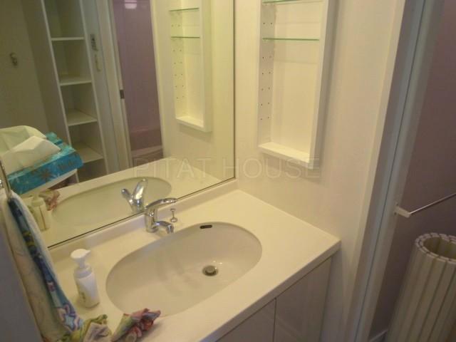 Wash basin, toilet.  [Washroom] Large mirror distinctive basin