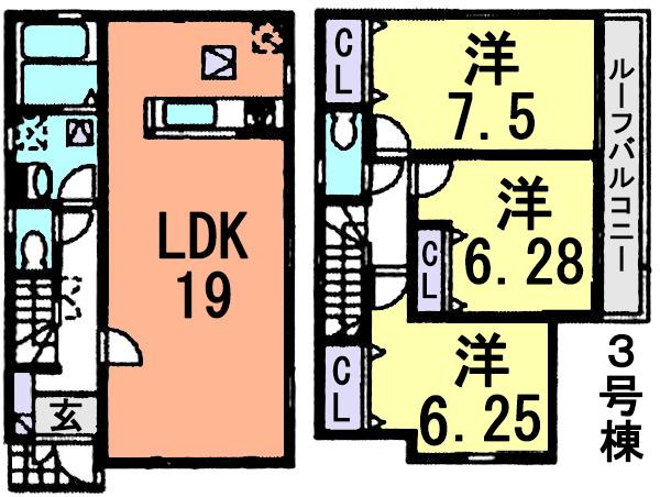 Floor plan. (3 Building), Price 30,900,000 yen, 3LDK, Land area 116.29 sq m , Building area 90.25 sq m