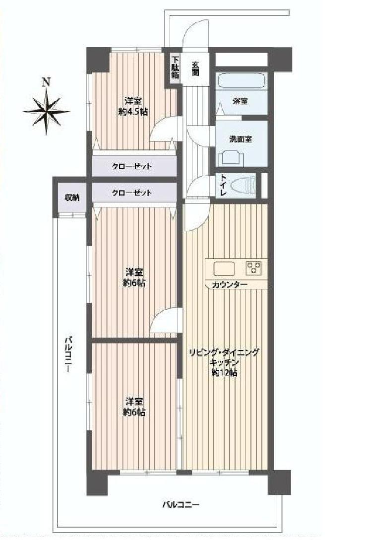Floor plan. 3LDK, Price 16.5 million yen, Occupied area 64.35 sq m , Balcony area 18.69 sq m