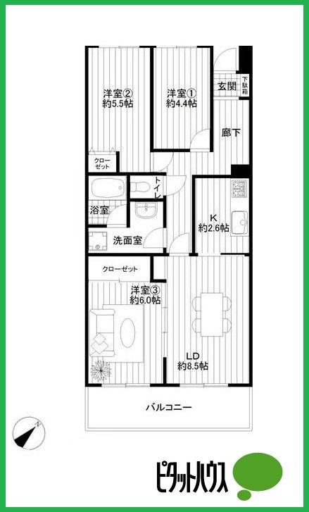 Floor plan. 3LDK, Price 12.8 million yen, Occupied area 66.08 sq m , Balcony area 5.73 sq m