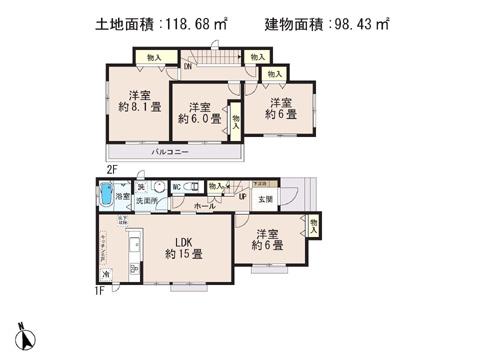 Floor plan. 27,800,000 yen, 4LDK, Land area 118.68 sq m , Building area 98.43 sq m