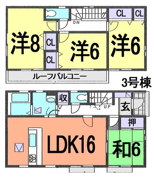 Floor plan. (3 Building), Price 29,800,000 yen, 4LDK, Land area 188.94 sq m , Building area 98.53 sq m