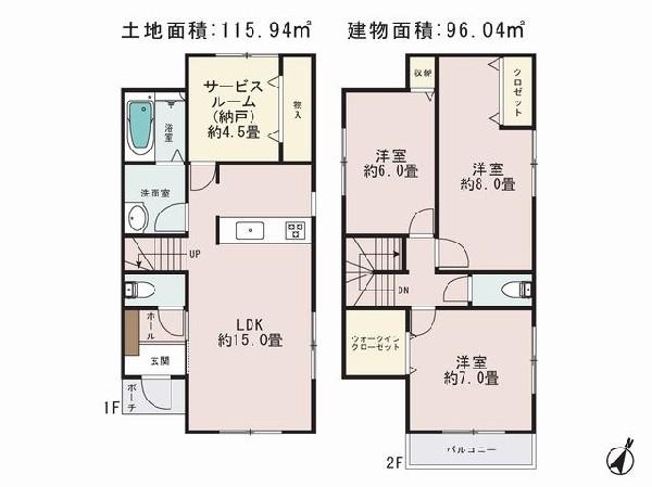 Floor plan. 33,800,000 yen, 3LDK+S, Land area 115.94 sq m , Building area 96.04 sq m