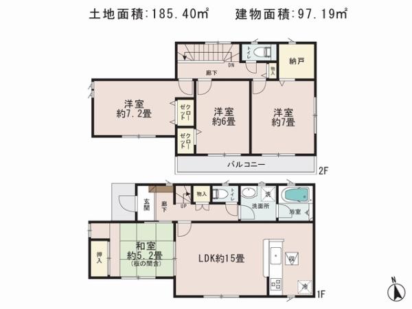 Floor plan. 29,800,000 yen, 4LDK+S, Land area 185.4 sq m , Building area 97.19 sq m