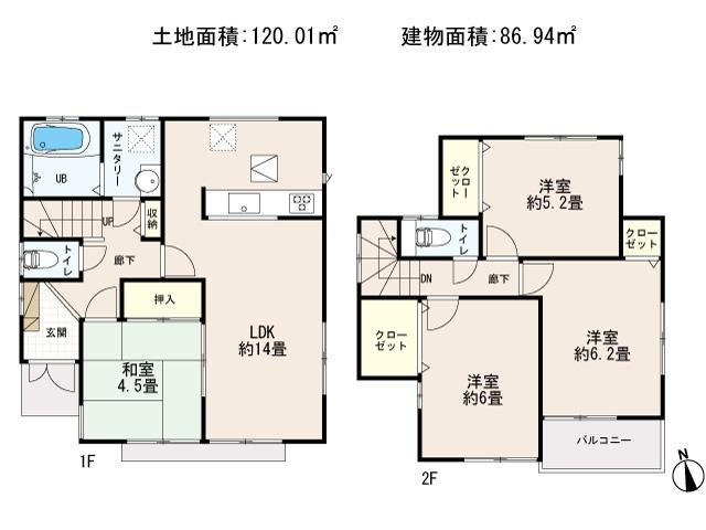 Floor plan. 26,800,000 yen, 4LDK, Land area 120.01 sq m , Building area 86.94 sq m face-to-face kitchen