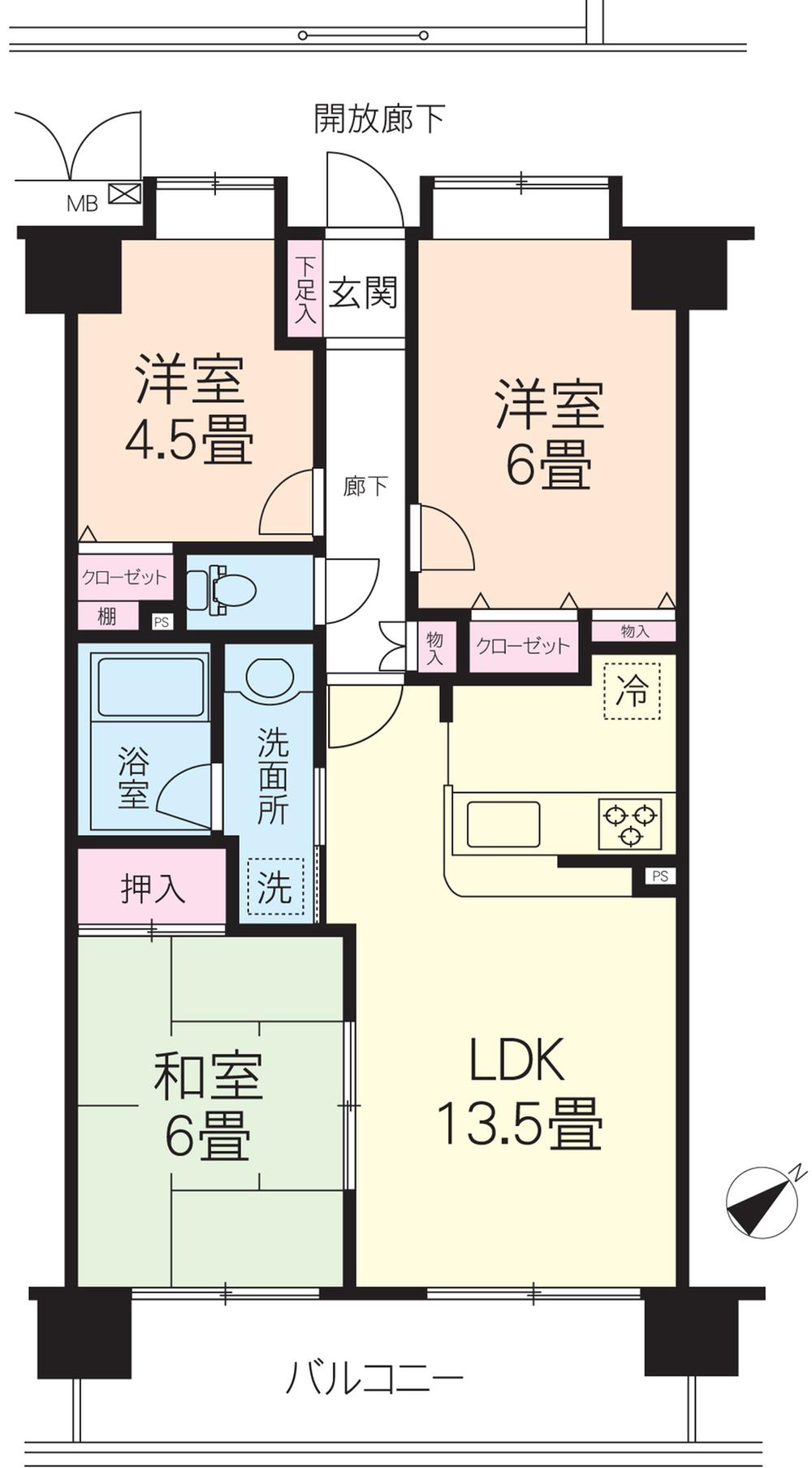 Floor plan. 3LDK, Price 23.8 million yen, Footprint 63 sq m , Balcony area 9.72 sq m