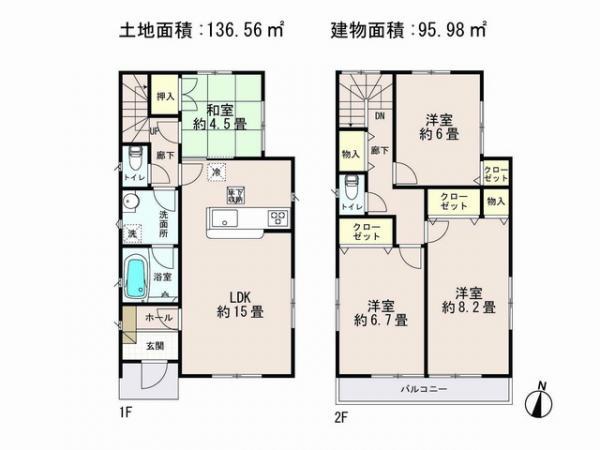 Floor plan. 23.8 million yen, 4LDK, Land area 136.56 sq m , Building area 95.98 sq m