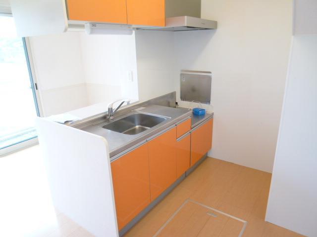 Kitchen. Orange kitchen There is also a counter.