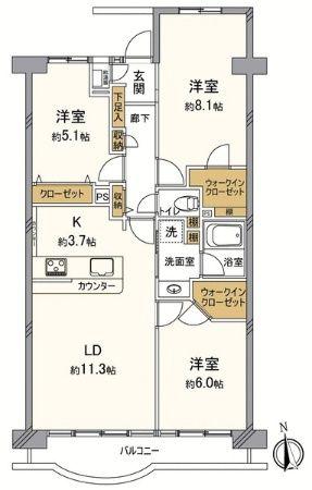 Floor plan. 3LDK, Price 19,400,000 yen, Occupied area 74.68 sq m , Balcony area 7.3 sq m southwest