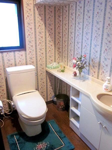 Toilet. It is relaxed in the toilet with a hand wash basin