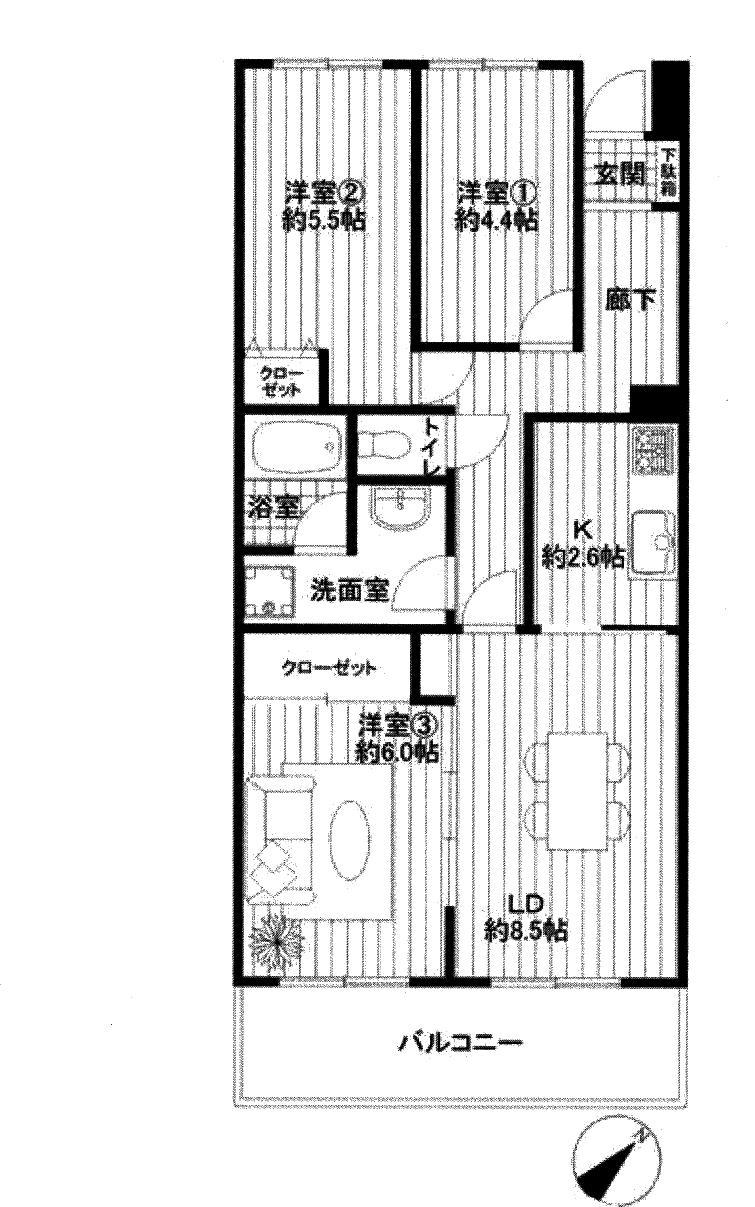 Floor plan. 3LDK, Price 12.8 million yen, Occupied area 66.08 sq m , Balcony area 5.73 sq m